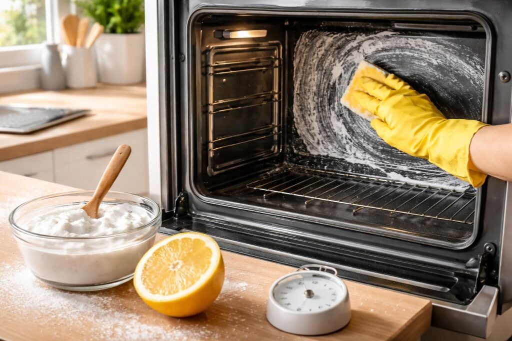 découvrez une recette naturelle pour le nettoyage de votre four avec du bicarbonate et du citron, incluant le temps de pose idéal pour un résultat impeccable.