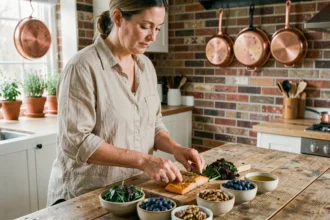 Femme préparant un repas anti-inflammatoire riche en oméga-3 et antioxydants dans une cuisine rustique moderne