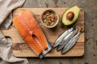 Planche en bois avec des aliments riches en oméga-3 : saumon, noix, graines de chia, avocat et sardines fraîches