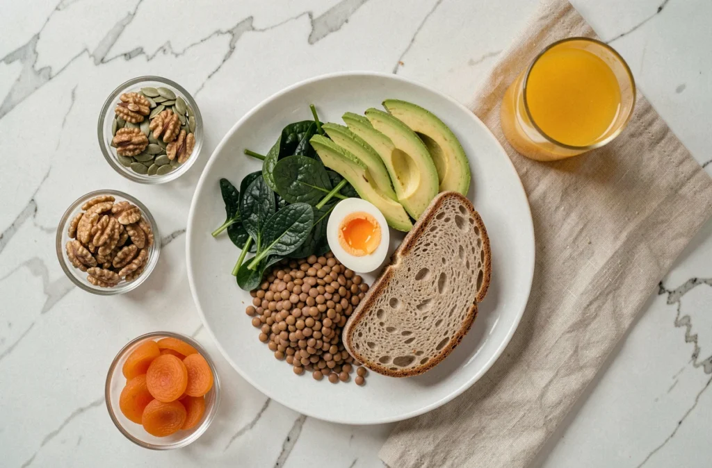 Assiette équilibrée riche en nutriments essentiels pour la grossesse incluant légumes verts, avocat, lentilles et graines