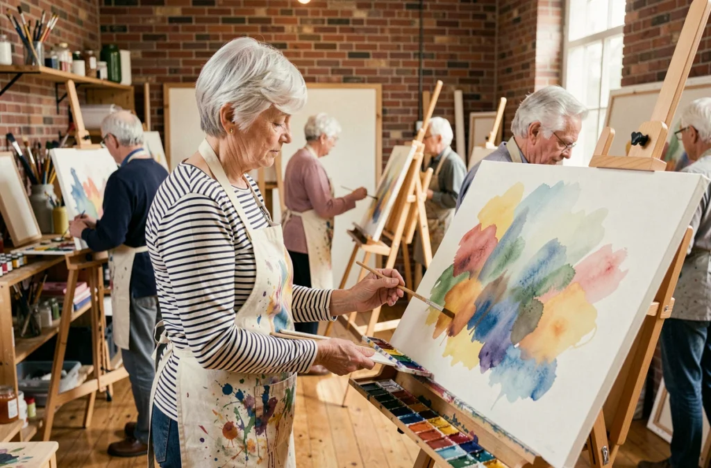 Femme retraitée peignant à l'aquarelle lors d'un atelier artistique en club associatif avec d'autres seniors en arrière-plan