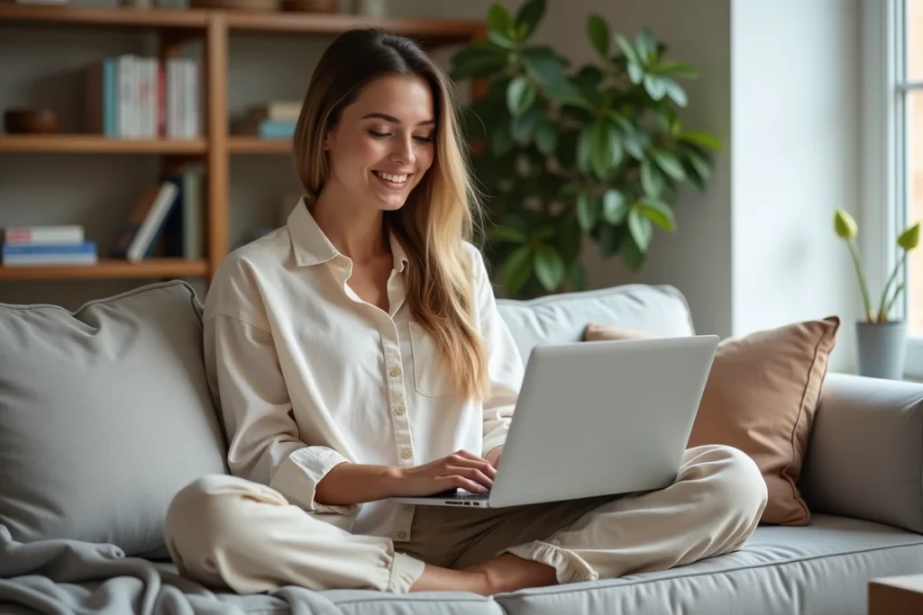Femme assise sur un canapé consultant un ordinateur portable avec une culotte menstruelle posée à côté, illustrant la recherche d'avis consommateur