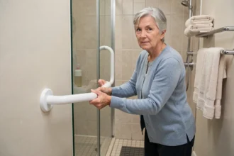 Femme âgée utilisant une barre d'appui dans une salle de bain sécurisée pour prévenir les chutes à domicile