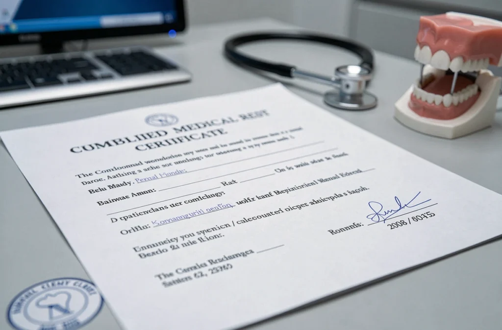 Gros plan sur un certificat d'arrêt de travail dentaire signé posé sur un bureau de cabinet dentaire avec tampon officiel