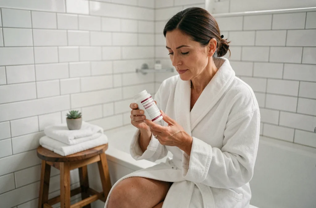 Femme lisant l'étiquette d'un complément alimentaire à la canneberge dans sa salle de bain pour prévenir les infections urinaires