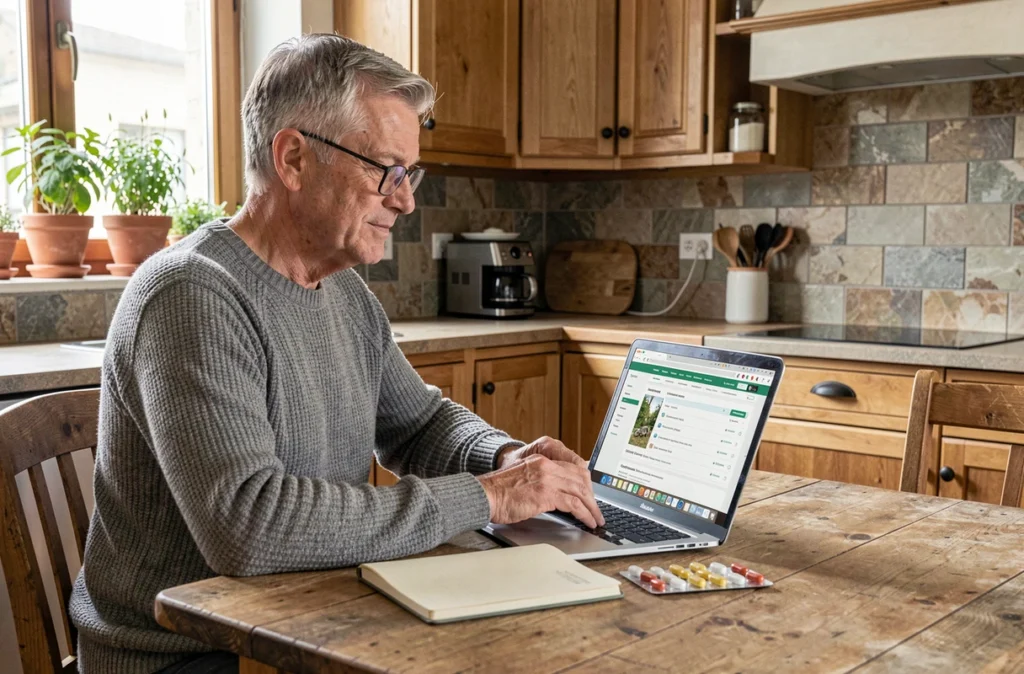 Senior consultant une liste de médicaments en ligne depuis son domicile sur un ordinateur portable