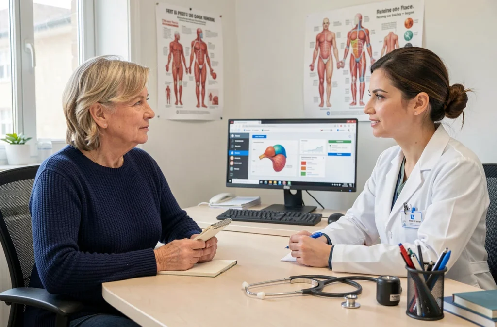 Femme en consultation médicale avec son médecin pour discuter de la prévention des infections urinaires