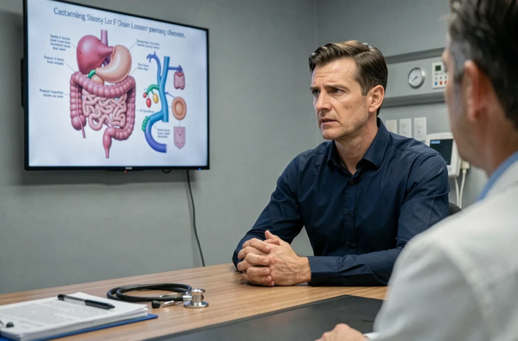 Patient en consultation médicale pour diagnostic de maladie de Crohn avec un gastroentérologue