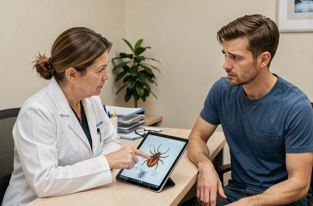 Médecin expliquant les symptômes de la maladie de Lyme à un patient lors d'une consultation médicale