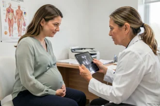 Femme enceinte en consultation prénatale avec son gynécologue-obstétricien dans un cabinet médical moderne