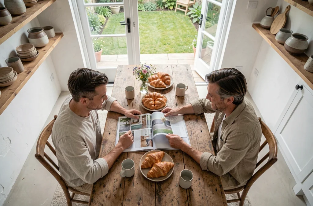 Couple partageant un magazine art de vivre autour d'un petit-déjeuner dans une cuisine scandinave