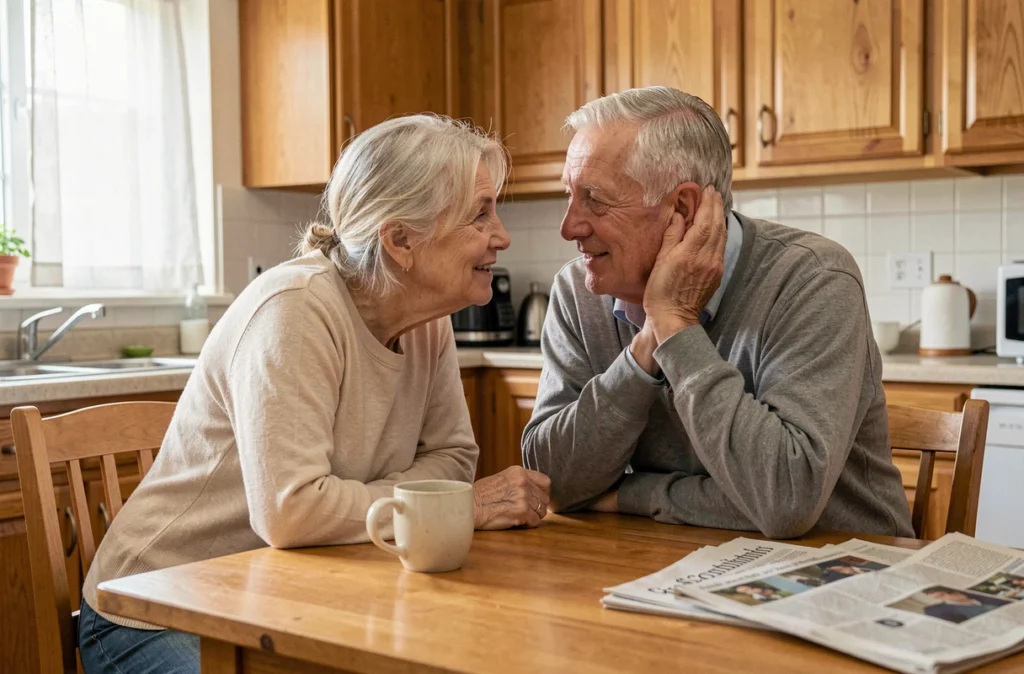 Un couple de seniors à la maison illustrant les difficultés auditives liées à l'âge et l'importance du dépistage