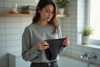 Femme tenant une culotte menstruelle dans une salle de bain minimaliste, examinant la qualité du tissu absorbant