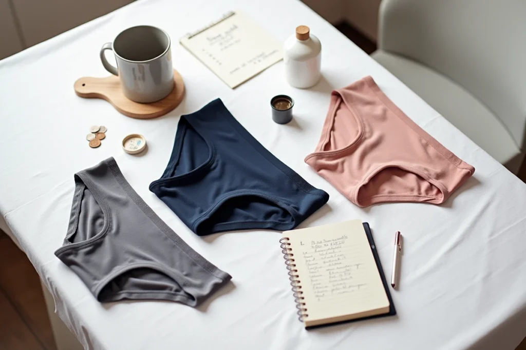 Flat lay de culottes menstruelles de différents styles disposées avec des objets du quotidien pour illustrer le rapport qualité-prix