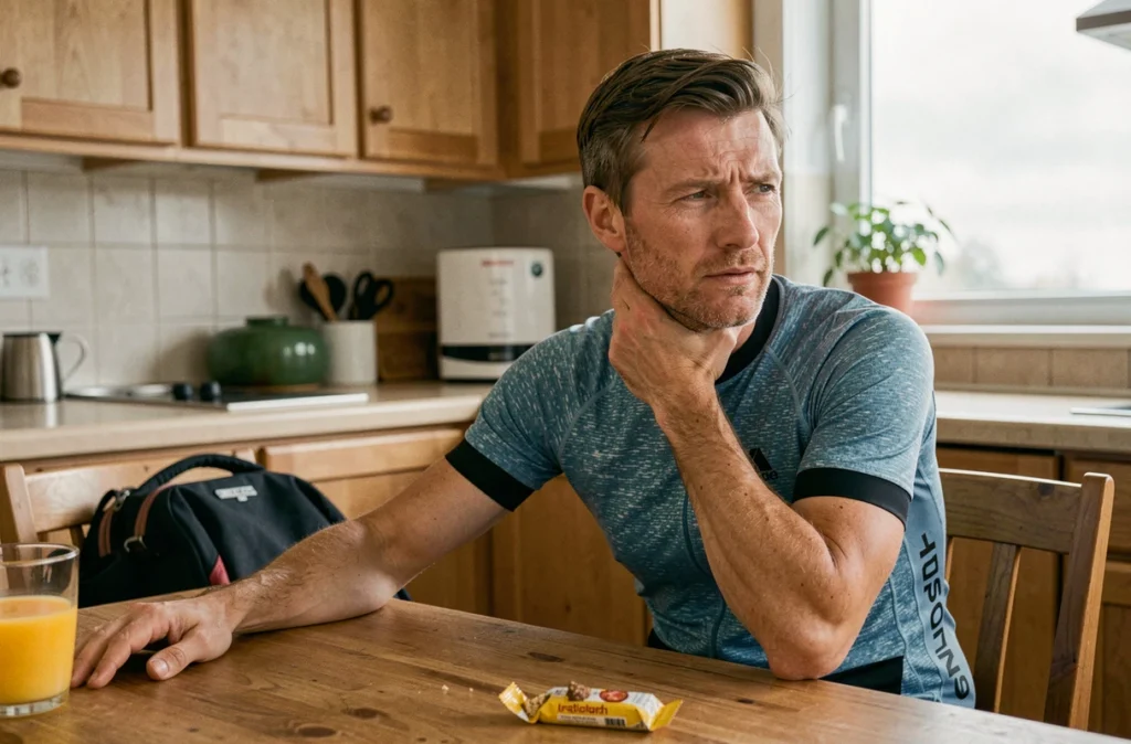 Cycliste après l'entraînement se massant la nuque à la cuisine souffrant de fourmis dans les bras par surmenage