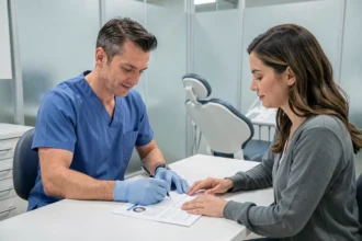 Dentiste remettant un arrêt de travail à une patiente après une pose d'implant dentaire dans un cabinet moderne