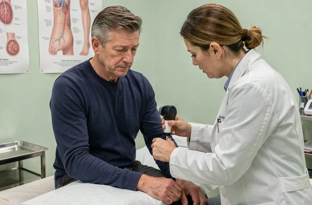Dermatologue examinant la peau d'un patient masculin à l'aide d'un dermatoscope lors d'un bilan médical