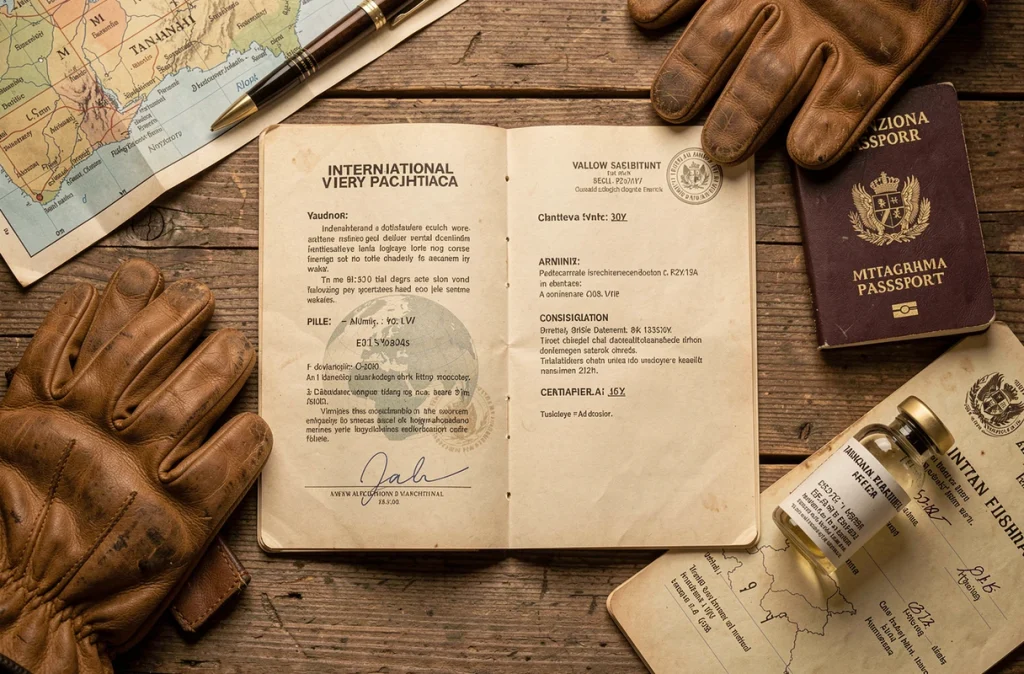 Carnet de vaccination international, certificat de fièvre jaune et passeport tanzanien posés sur une table en bois avant un voyage en Tanzanie
