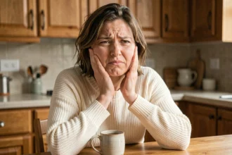 Femme tenant sa joue avec une expression de douleur buccale, assise dans une cuisine, illustrant les douleurs dans le palais ou les brûlures buccales