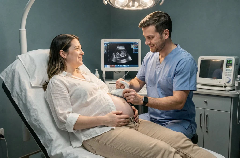 Échographie prénatale d'une femme enceinte réalisée par un échographiste dans une salle d'examen médicale