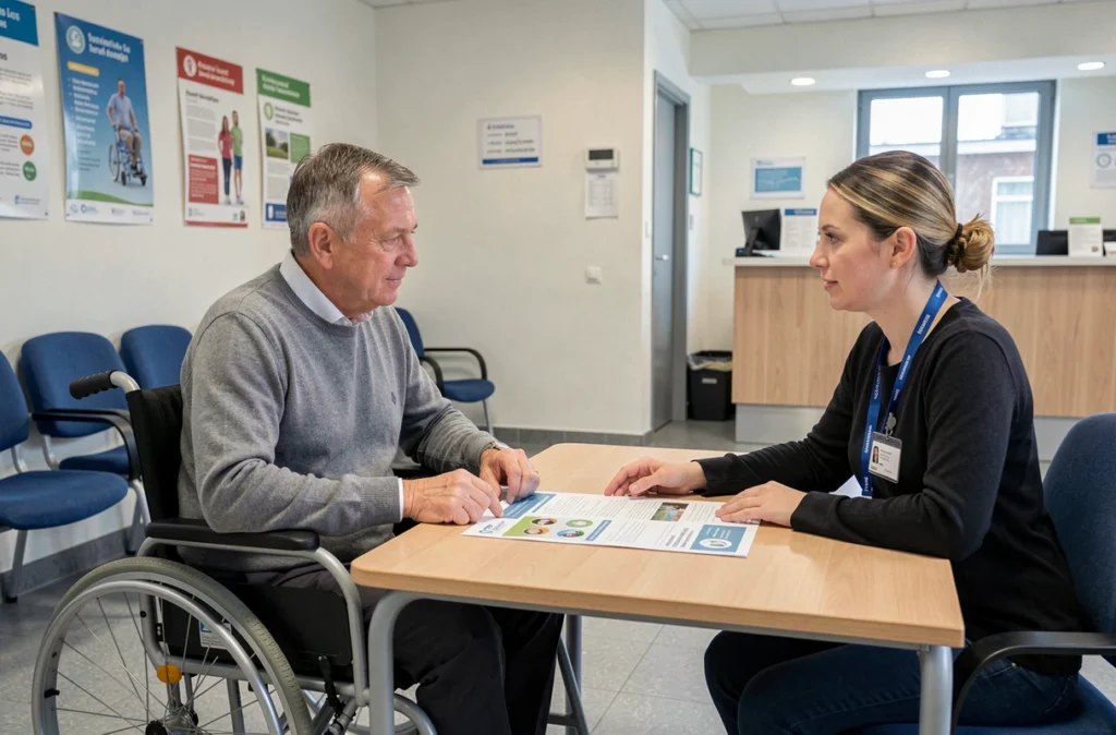 Homme en fauteuil roulant en entretien avec une conseillère dans un bureau d'accueil de services handicap CDAPH