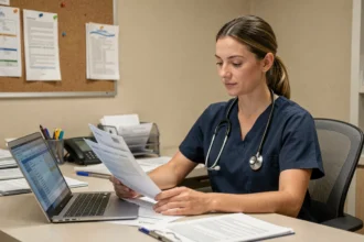 Ergothérapeute en milieu hospitalier consultant des documents de salaire sur son bureau