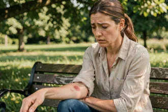 Femme examinant une éruption cutanée en forme de cible sur son avant-bras, symptôme précoce de la maladie de Lyme