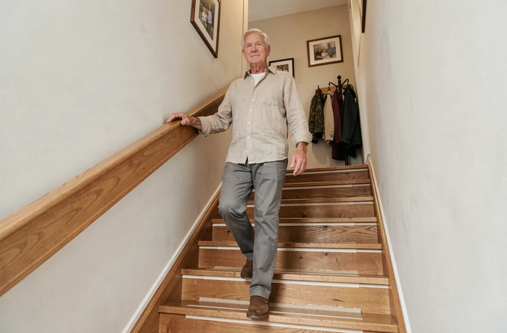 Homme âgé descendant un escalier intérieur équipé de bandes antidérapantes et d'une main courante solide