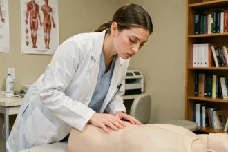 Étudiante en ostéopathie pratiquant la palpation sur une table de traitement dans une salle de clinique pédagogique
