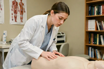 Étudiante en ostéopathie pratiquant la palpation sur une table de traitement dans une salle de clinique pédagogique