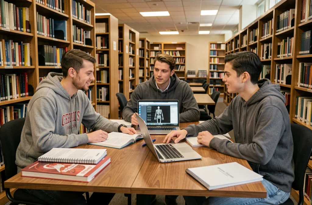 Groupe d'étudiants en ostéopathie révisant ensemble dans une bibliothèque universitaire entourés de manuels d'anatomie
