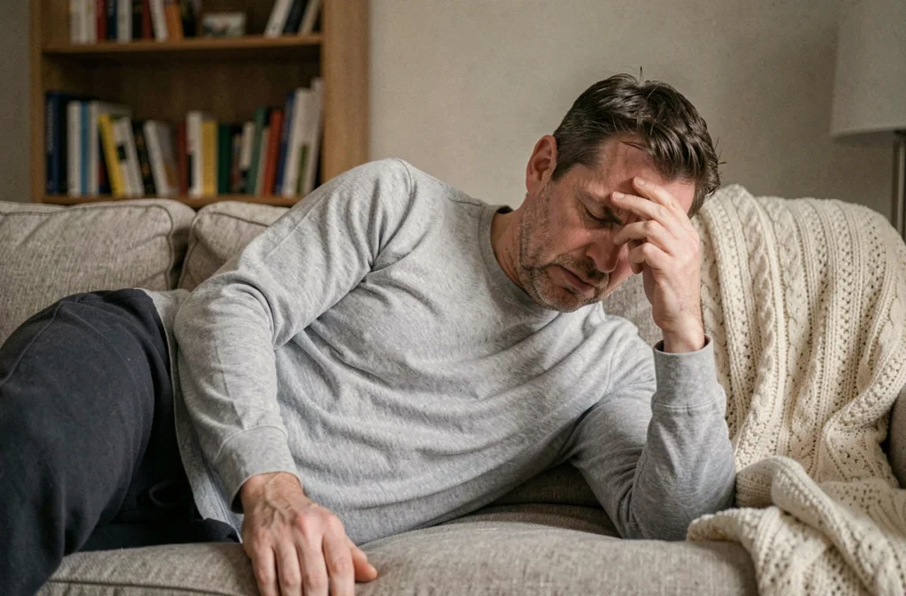 Homme allongé sur un canapé souffrant de fatigue et de fièvre, symptômes gripaux associés à la maladie de Lyme