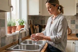 Femme se servant un verre d'eau au robinet dans sa cuisine, geste simple pour prévenir les infections urinaires