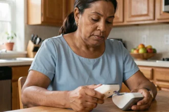 Femme de 55 ans mesurant sa glycémie avec un glucomètre dans sa cuisine pour prévenir les complications du diabète de type 2