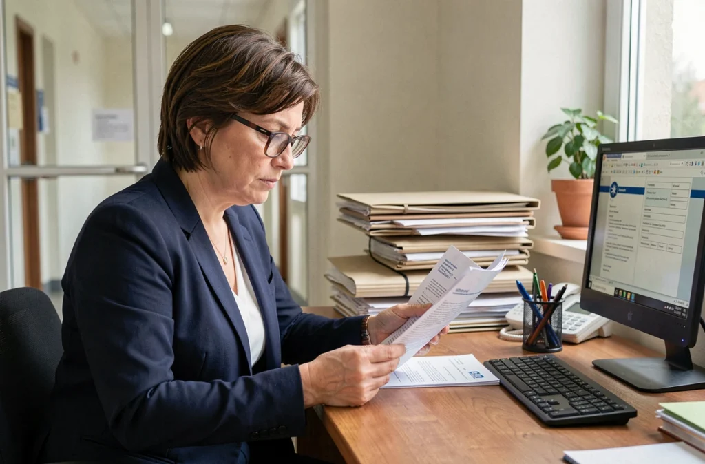 Femme professionnelle lisant un dossier MDPH lié à la CDAPH dans un bureau administratif