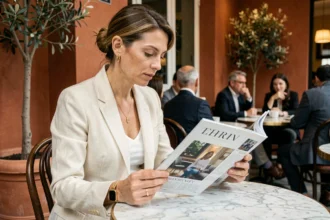 Femme élégante feuilletant un magazine de style de vie haut de gamme dans un café parisien raffiné