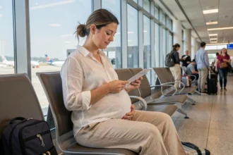 Femme enceinte assise dans un aéroport consultant ses documents de voyage en toute sérénité