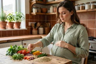 Femme enceinte devant une table garnie de légumes frais et d'aliments nutritifs pour soutenir le développement du fœtus