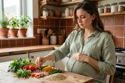 Femme enceinte devant une table garnie de légumes frais et d'aliments nutritifs pour soutenir le développement du fœtus