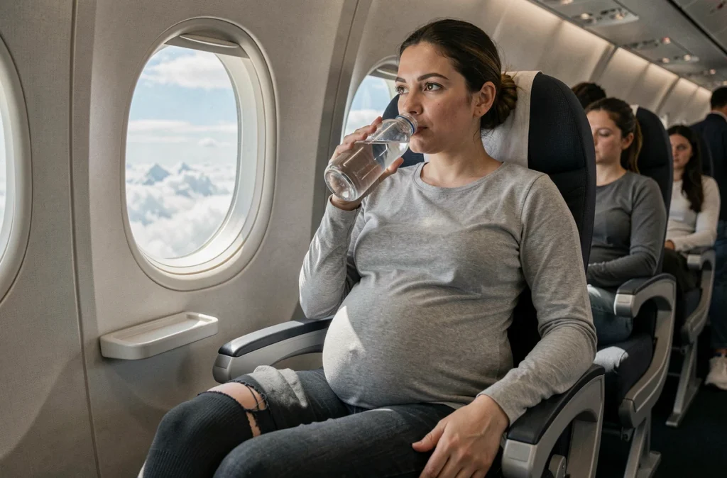 Femme enceinte portant des chaussettes de contention assise côté hublot dans un avion pendant un vol