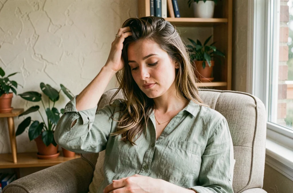 Femme enceinte touchant ses cheveux dans un salon cosy, illustrant les changements capillaires pendant la grossesse