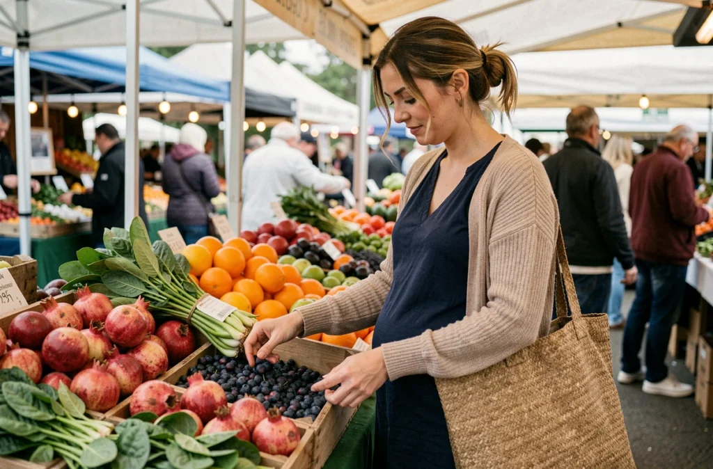 Femme enceinte choisissant des fruits frais au marché pour une alimentation saine pendant la grossesse