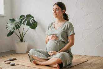 Femme enceinte pratiquant la méditation en position assise sur un tapis de yoga dans un studio lumineux et apaisant