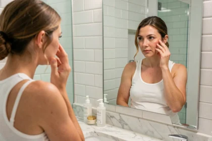 Femme enceinte examinant les changements de sa peau devant un miroir de salle de bain