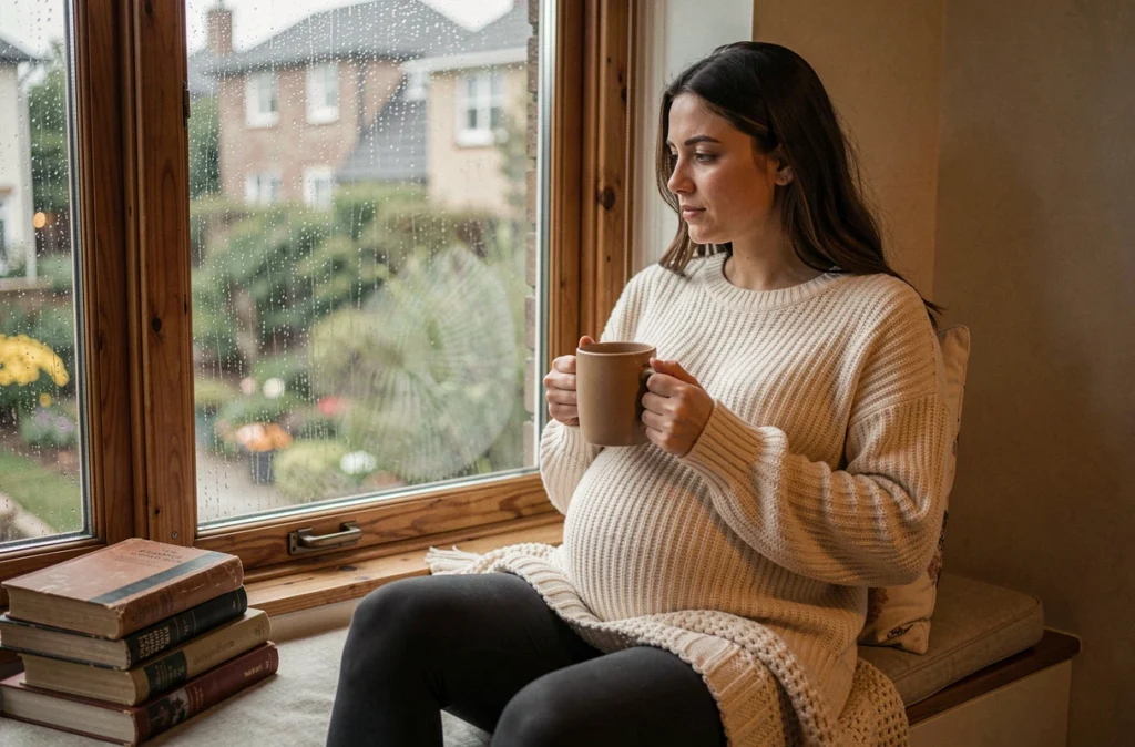 Femme enceinte se relaxant près d'une fenêtre avec une tasse chaude, exprimant une introspection émotionnelle apaisée