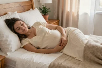 Femme enceinte dormant paisiblement sur le côté dans un lit confortable avec des draps blancs et une couverture en laine beige