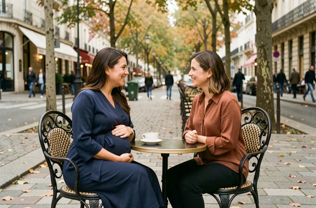 Femme enceinte discutant avec une amie en terrasse de café, illustrant le soutien émotionnel et social pendant la grossesse