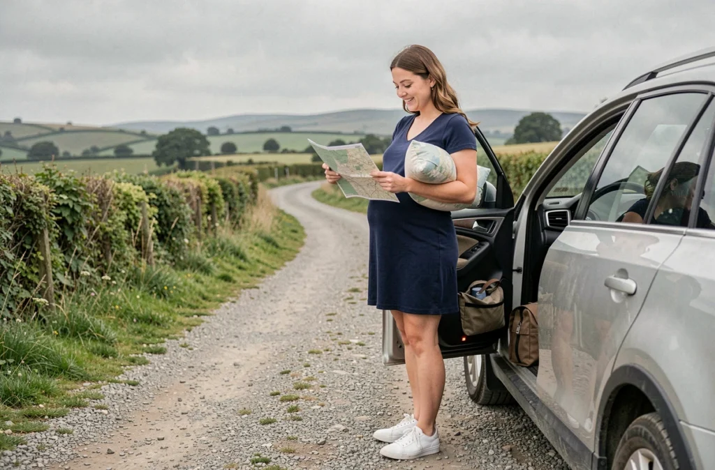Femme enceinte debout au bord d'une route de campagne consultant une carte lors d'un voyage en voiture