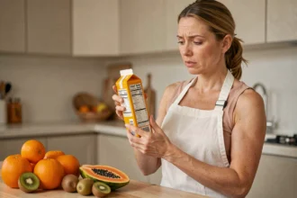 Femme lisant l'étiquette nutritionnelle d'un jus d'orange pour vérifier la teneur en vitamine D, entourée de fruits frais dans une cuisine moderne