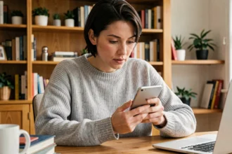 Femme examinant attentivement un appareil connecté à son bureau à domicile, retour d'expérience sur le Reborn21